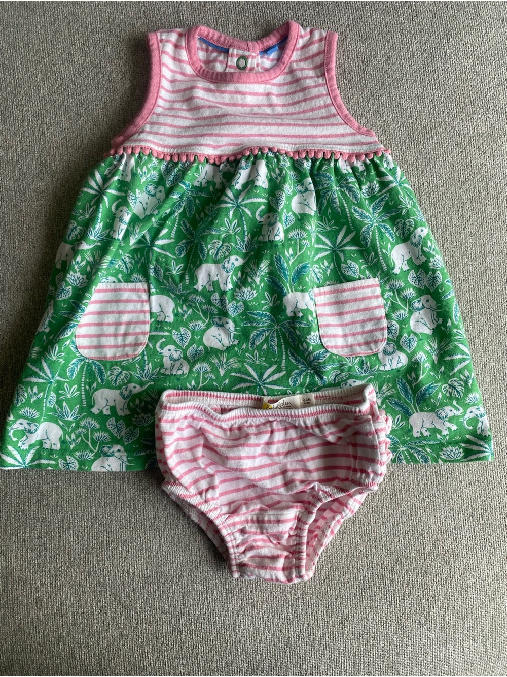Baby Boden Green Elephant Print Dress with Pink Stripe Trim